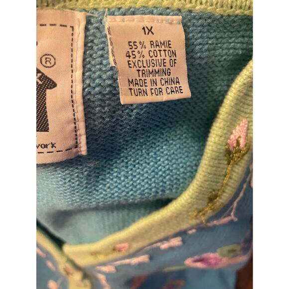 Storybook Knits Cherub Garland Embroidered Cardigan Sweater Blue Short Sleeve 1X - Picture 6 of 9